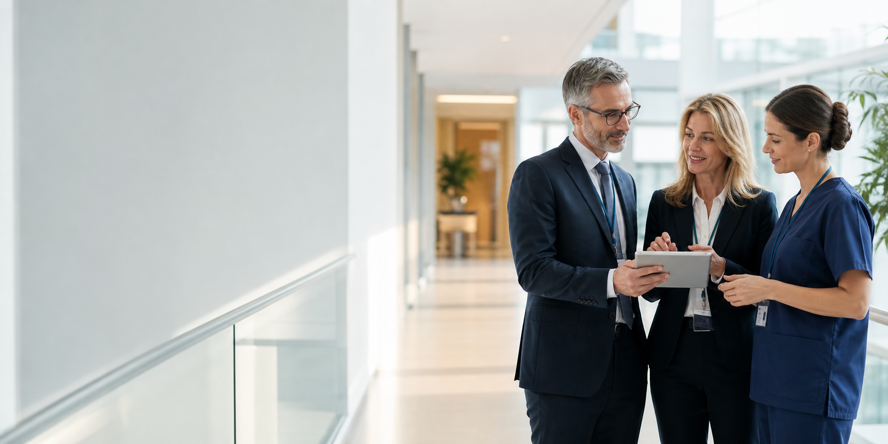 Healthcare leaders and a recruitment consultant reviewing staffing needs in a premium hospital setting