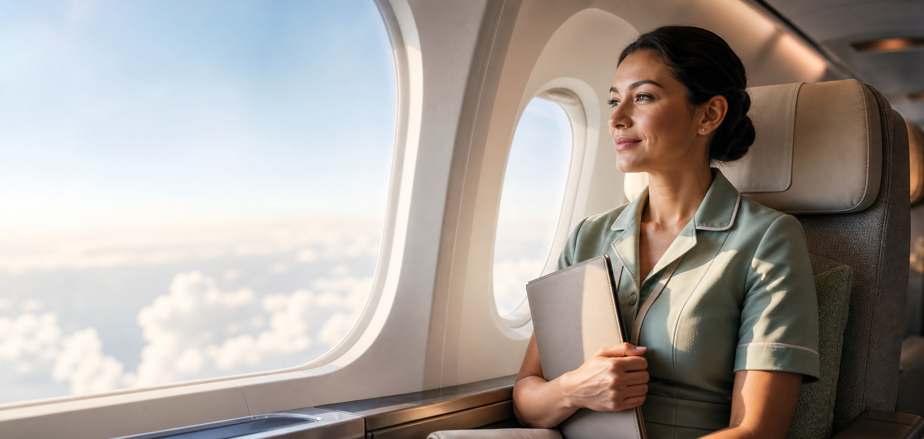 Professional care worker by an aircraft window used as the 747 Healthcare home hero image